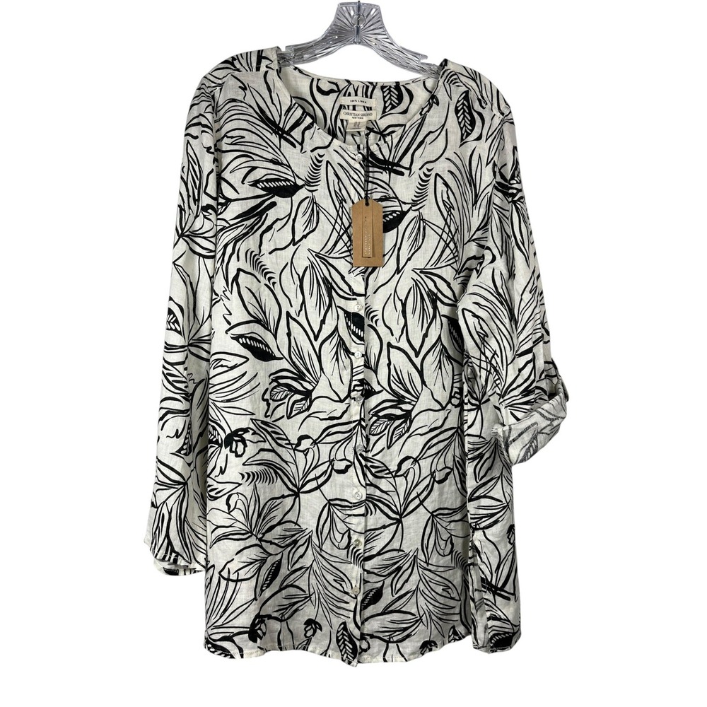NWT Christian Siriano Sz 1X Tunic Top 100% Linen Cream Black Floral Blouse New